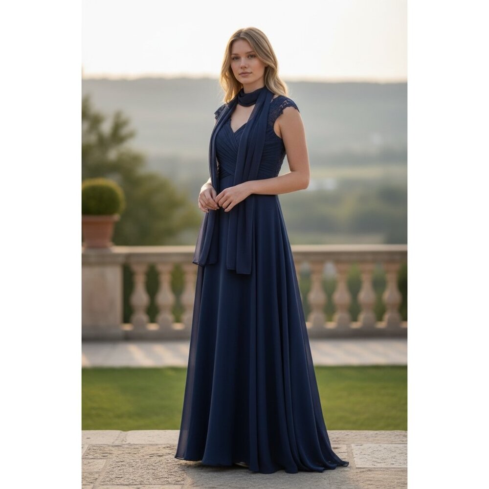 Elizabeth K LTD ED Navy Blue Lace Chiffon Ruching Back Keyhole XS Prom Wedding